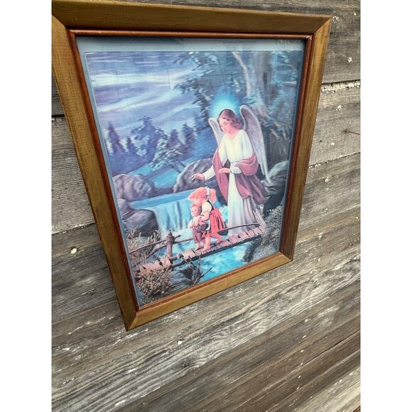 Vintage 70's Lenticular 3D Hologram Guardian Angel Children Framed Picture - Picture 6 of 15